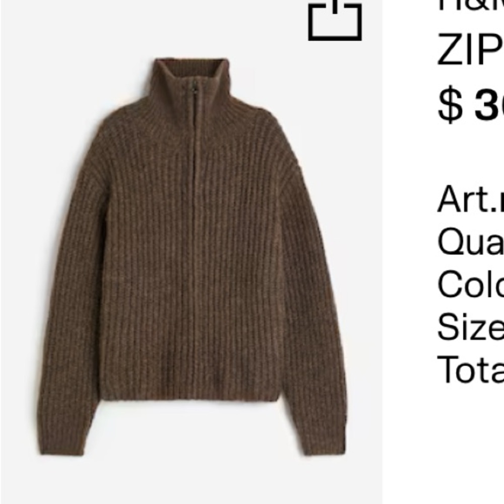 H&M Dark Taupe Zip up Cardigan, worn once